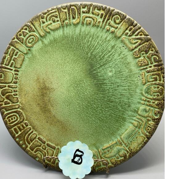 Vintage Mayan Aztec Frankoma Dinner plate Rutile Glaze Prairie Green Each Unique - Picture 2 of 10